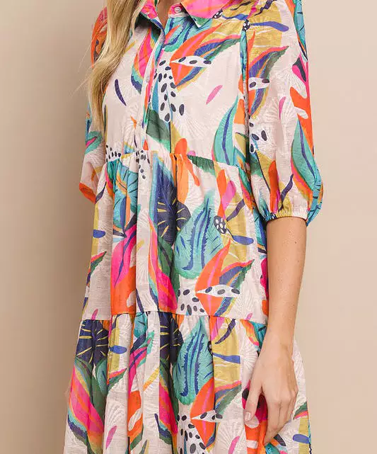 Abstract Print Button Up Dress - Multi