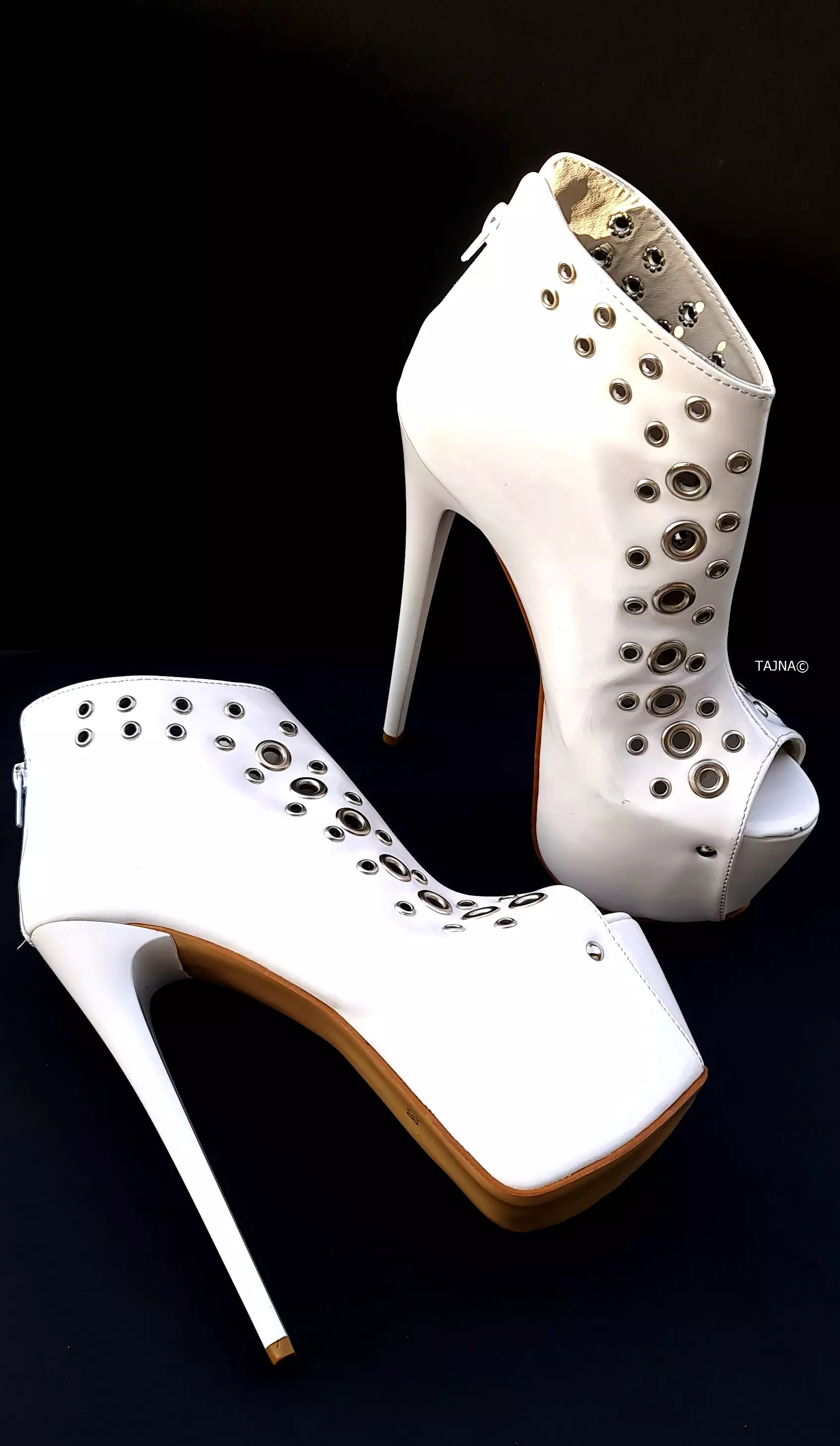 Ankle Cut Pinned Peep Toe White Matte Heels