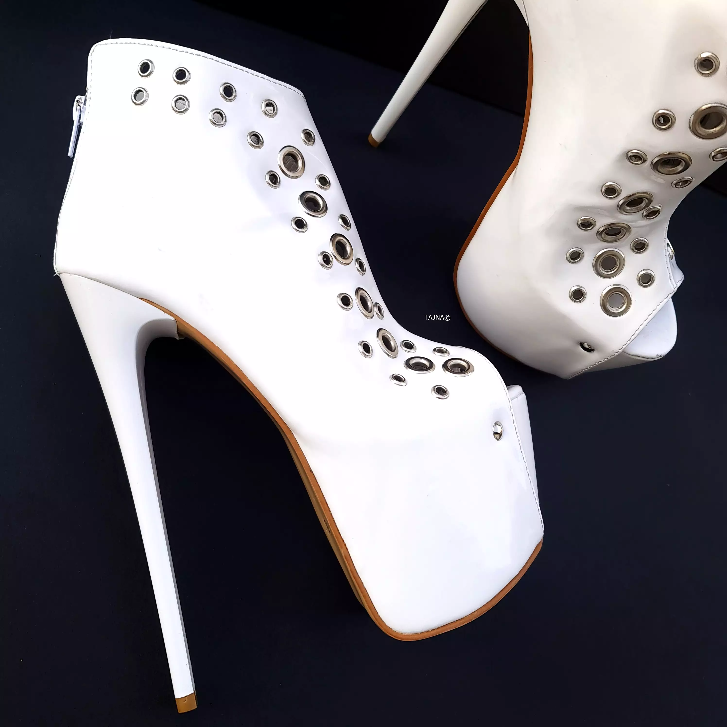 Ankle Cut Pinned Peep Toe White Matte Heels