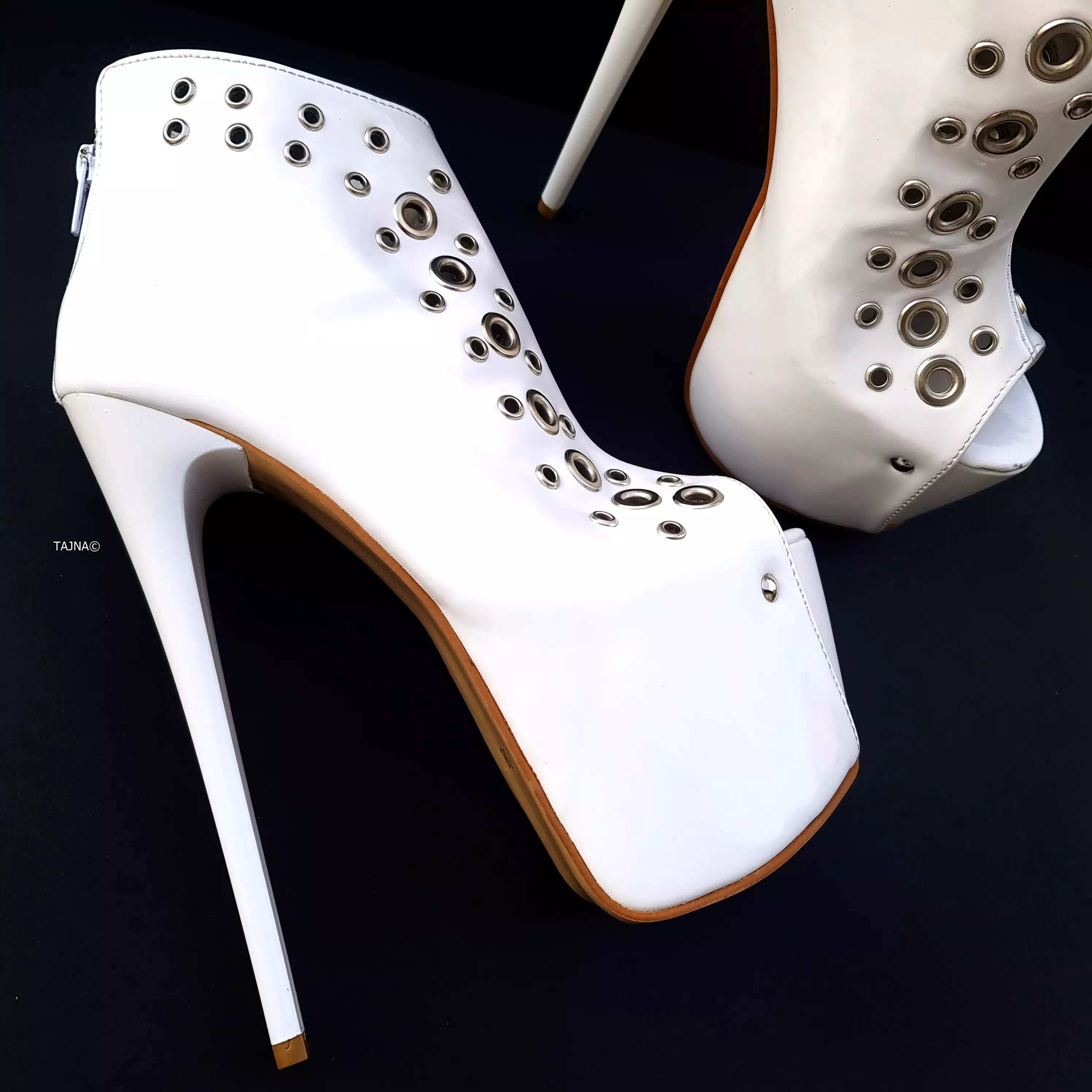 Ankle Cut Pinned Peep Toe White Matte Heels