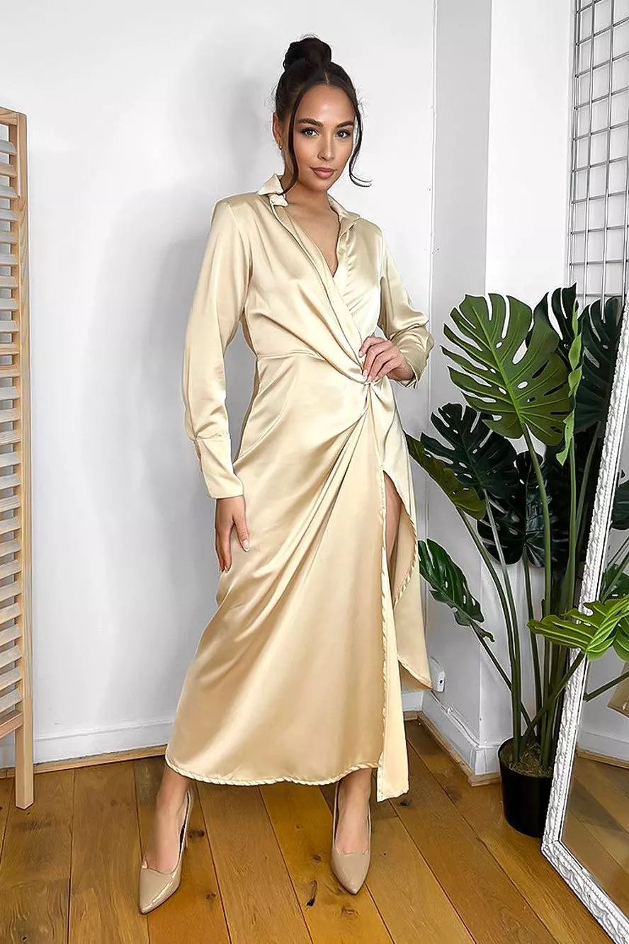 Beige Satin Twist To Side Midi Length Dress