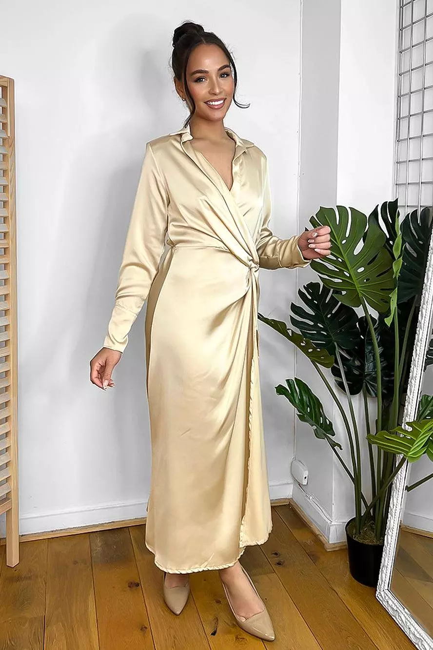 Beige Satin Twist To Side Midi Length Dress