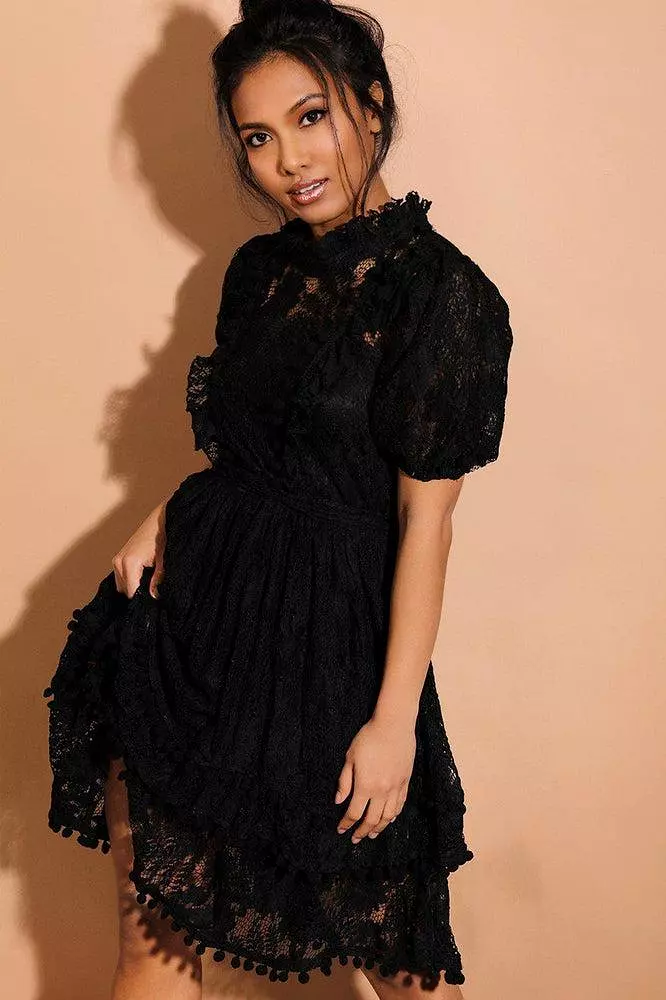 Black Pom Pom Trims Layered Delicate Lace Dress