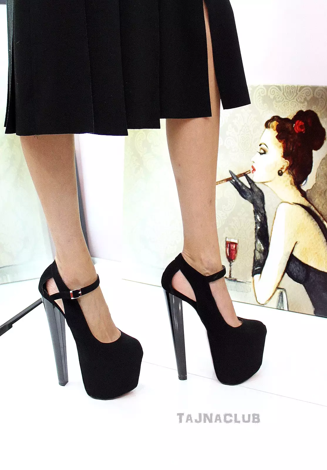 Black Suede Ankle Strap Platform High Red Heels