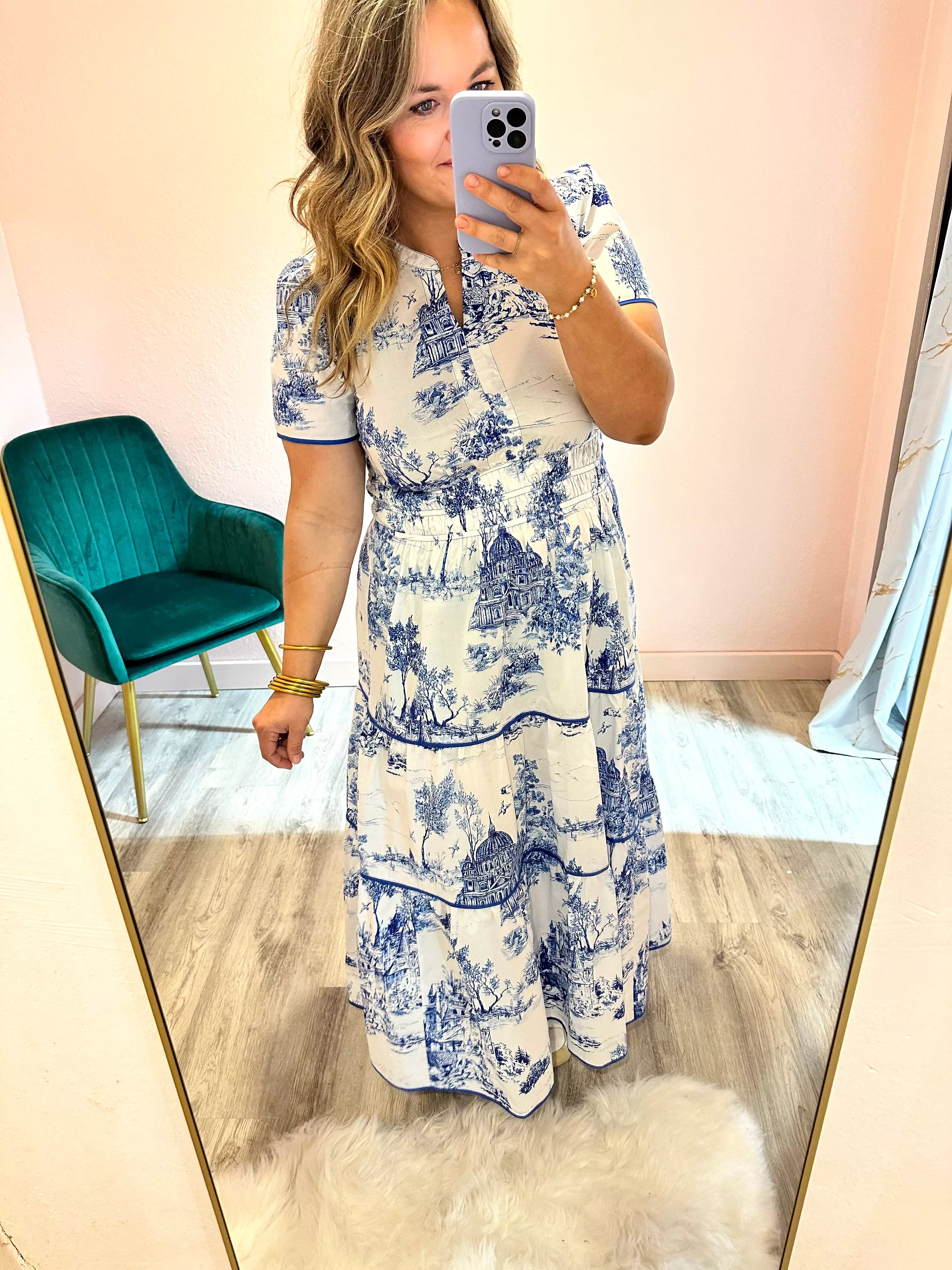 Blue Toile Printed Dress Midi