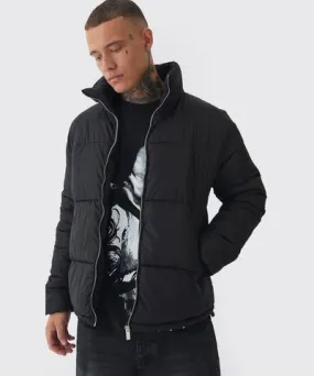 boohooMAN Mens Tall Worldwide Applique Funnel Neck Puffer Jacket In Black