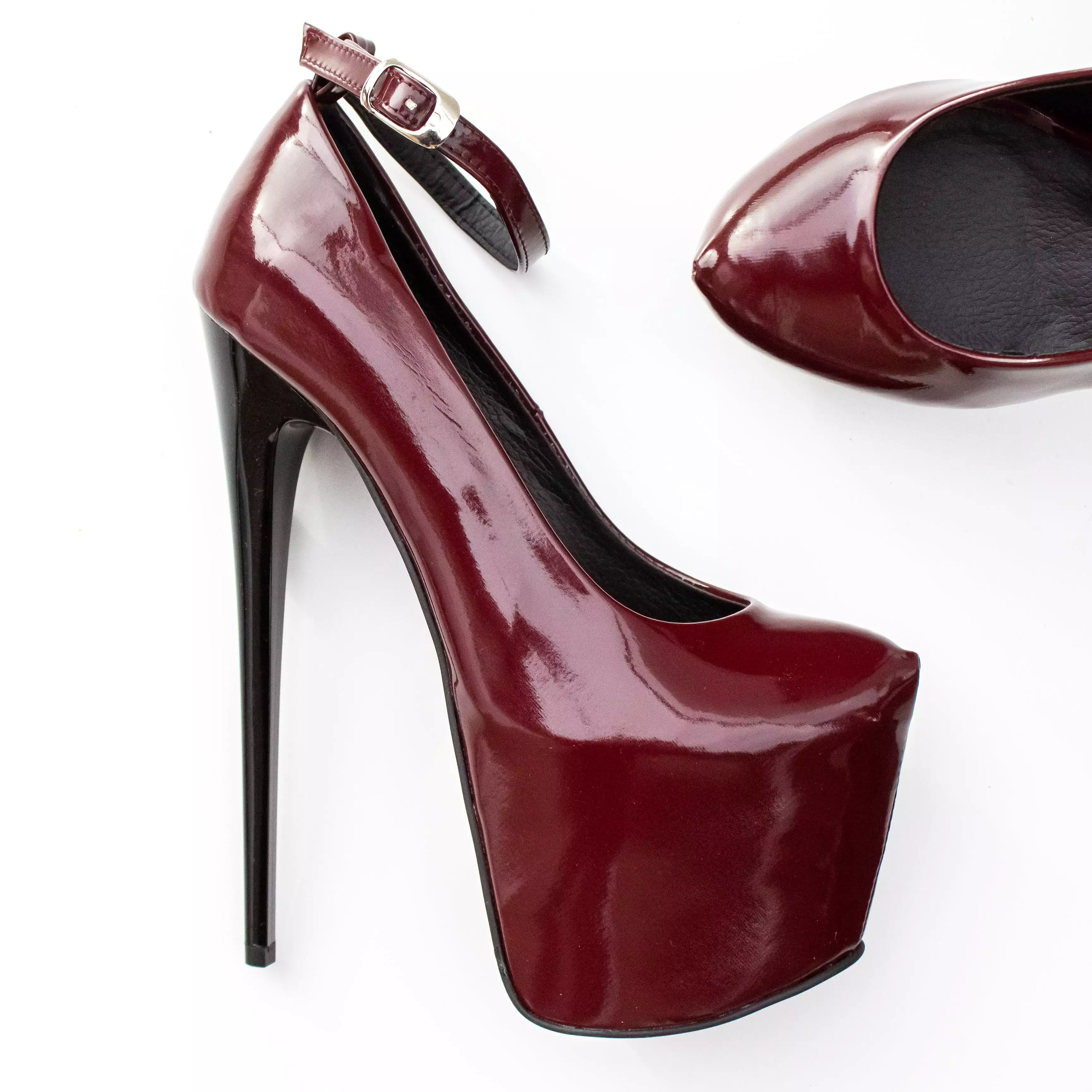 Bordeaux Gloss Ankle Strap Platform Heels