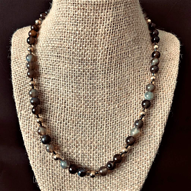 Brown Line Agate and Gold Bead Mens Necklace