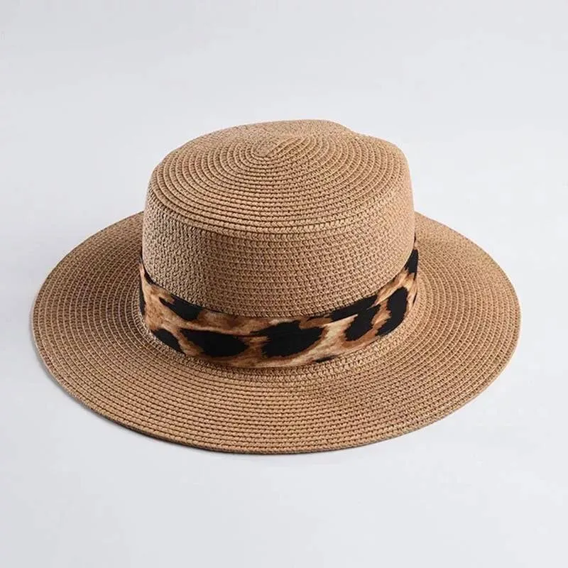 Brown Paper Straw Summer Hat With Leopard Ribbon