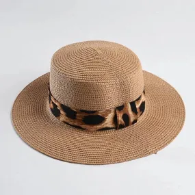 Brown Paper Straw Summer Hat With Leopard Ribbon