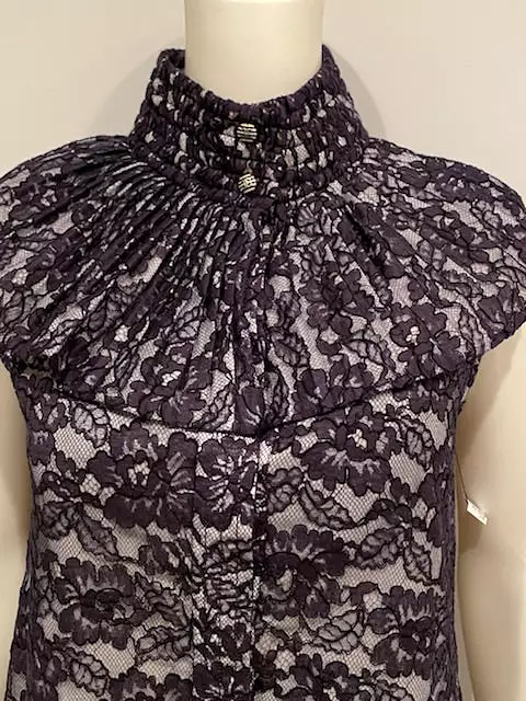 Chanel Navy Blue Cotton Camellia Floral Print Lace Dress FR 42 US 6