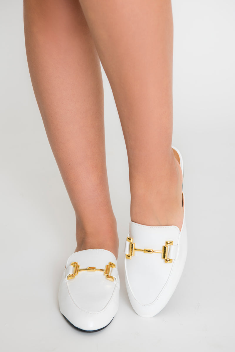 Clara Gold Buckle Mules - White