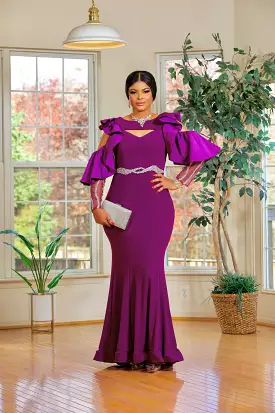 COUTURE COLD SHOULDER FLOOR LENGTH DRESS(PURPLE)