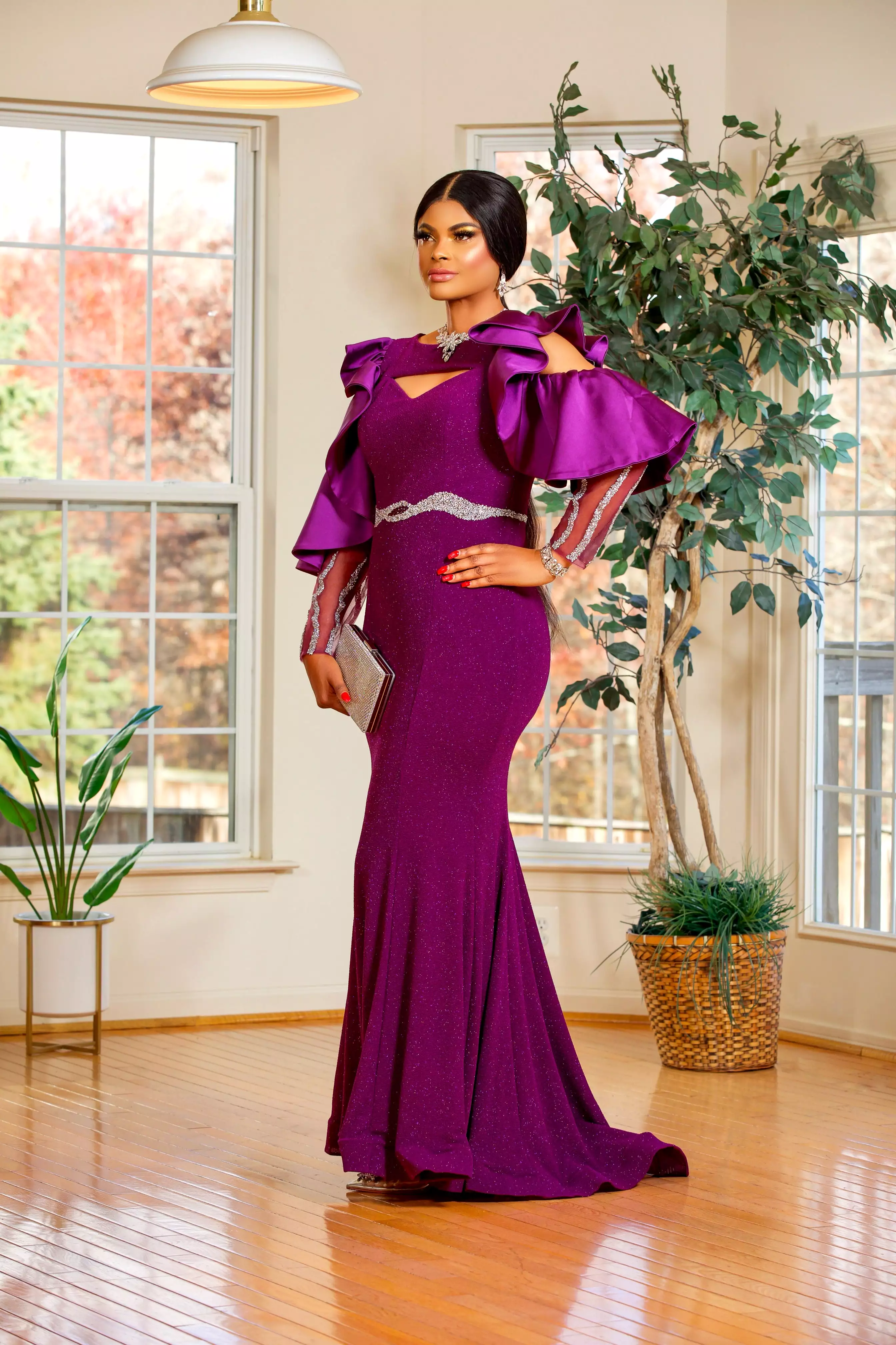 COUTURE COLD SHOULDER FLOOR LENGTH DRESS(PURPLE)