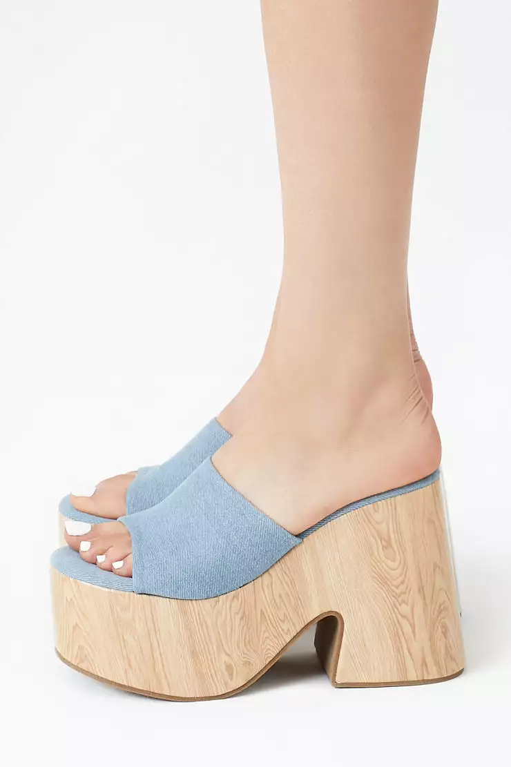 Denim Wooden Platform Block Heels