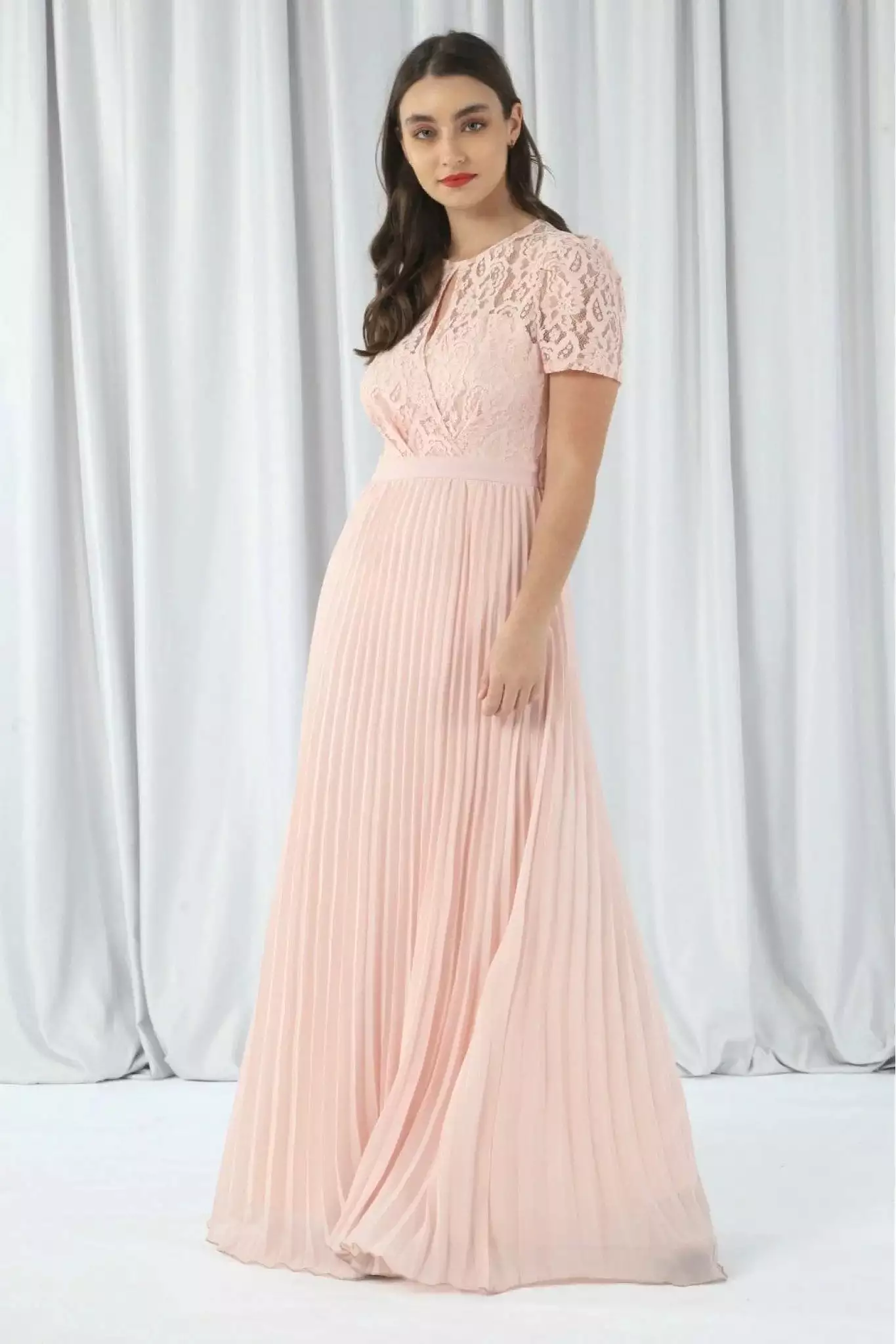 Double Second Pink Pleated Sleeve Lace Dress