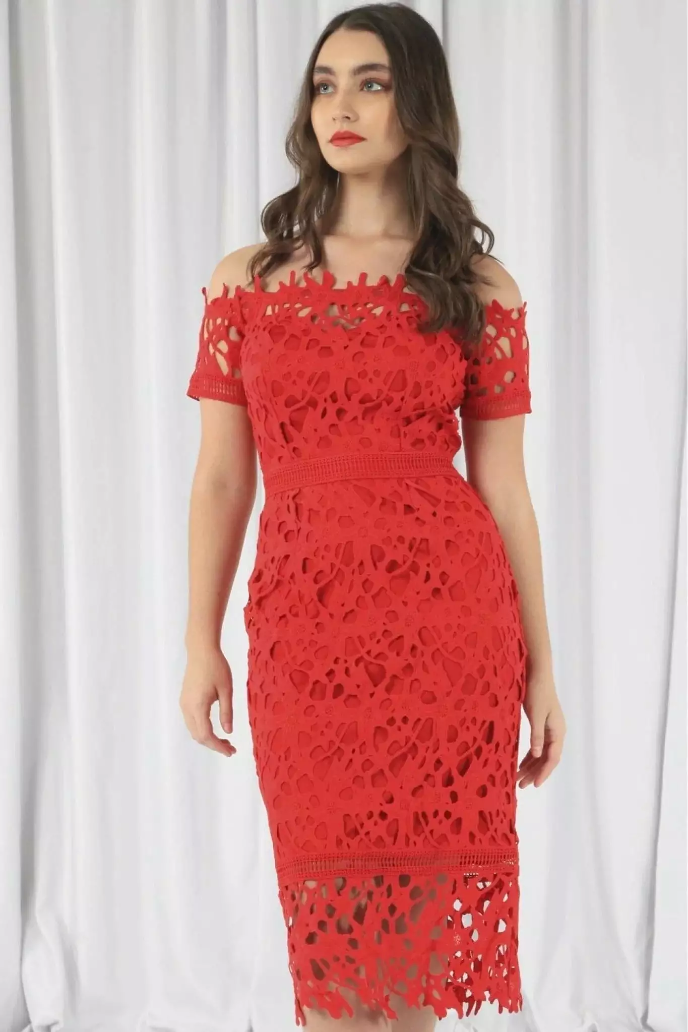 Double Second Red Bardot Lace Dress