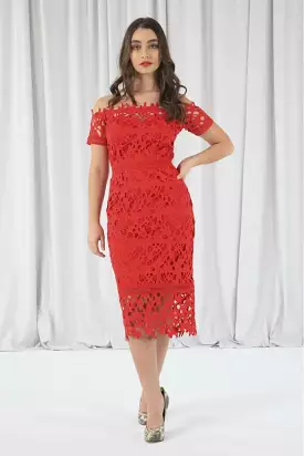 Double Second Red Bardot Lace Dress