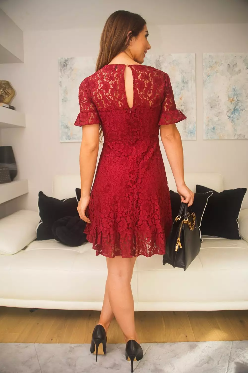 Double Second Red V-neck Lace Dress With Frilled Hem