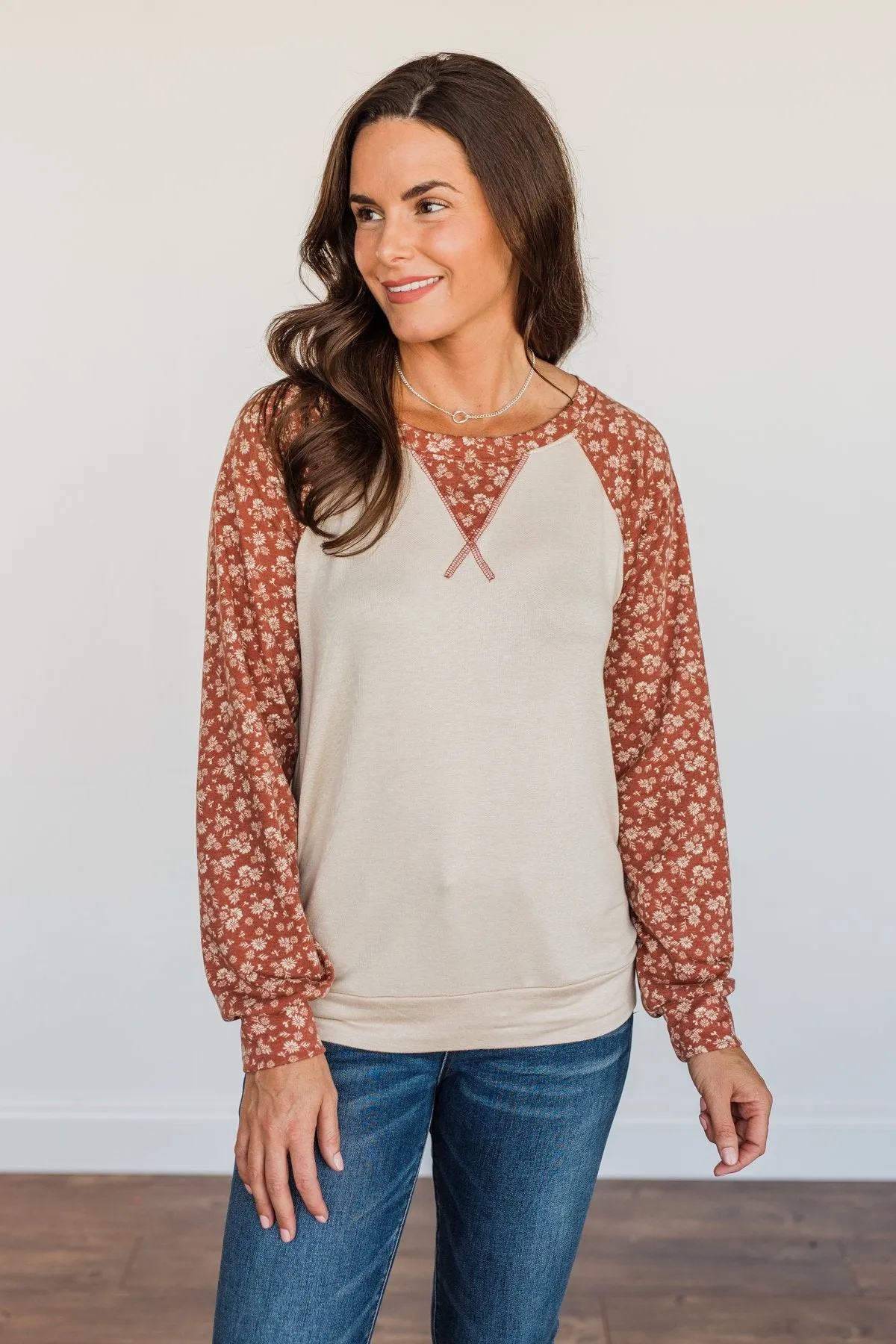 Feeling Cute Floral Long Sleeve Top- Oatmeal & Clay