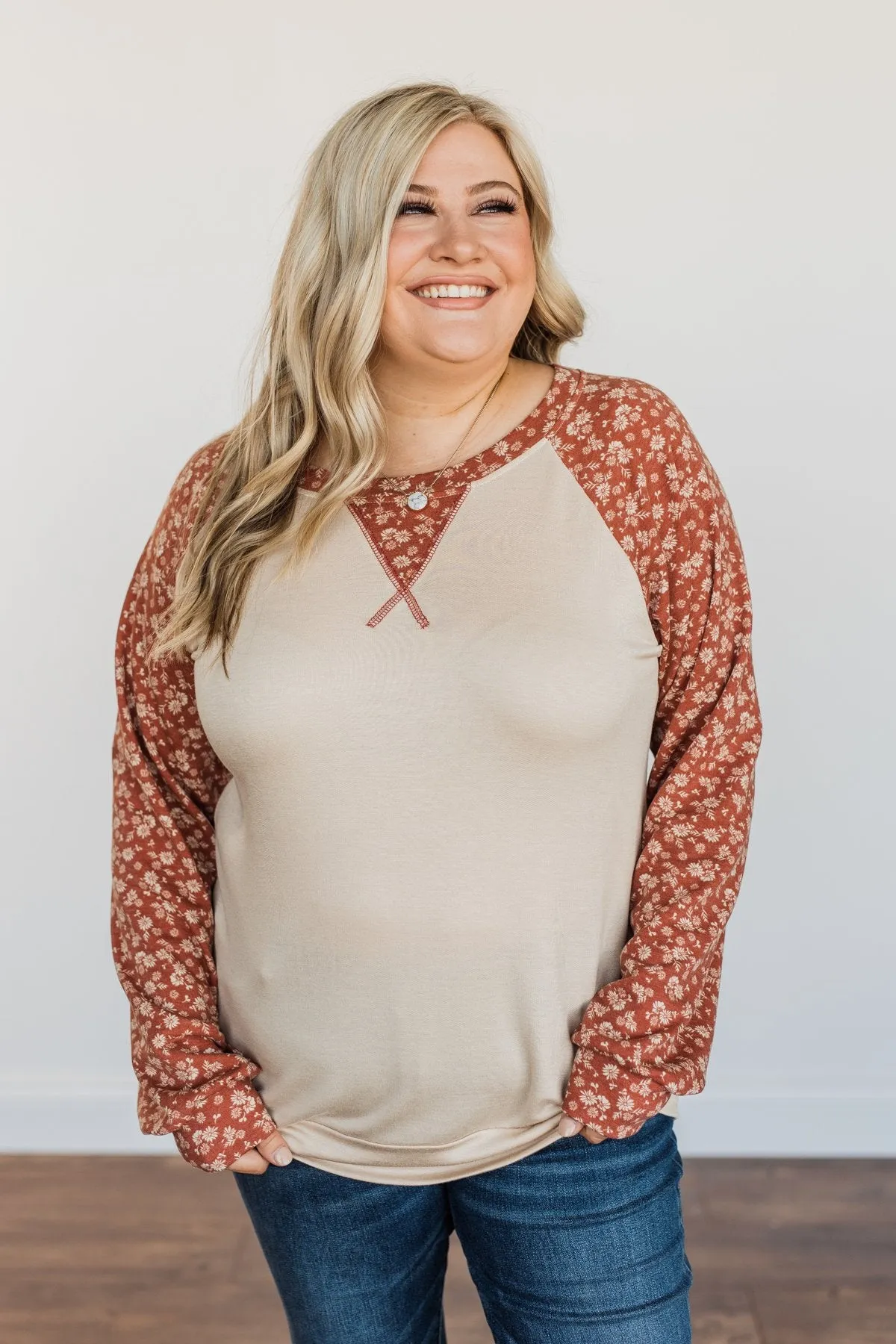 Feeling Cute Floral Long Sleeve Top- Oatmeal & Clay