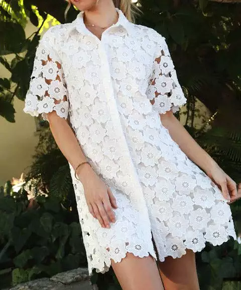 Floral Lace Button Down Collared A-Line Dress - Off White