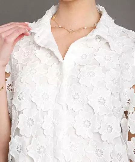 Floral Lace Button Down Collared A-Line Dress - Off White