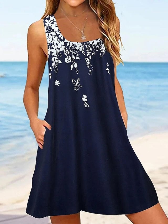 Floral Print Sleeveless Tank Dress with Crew Neck and Loose Fit