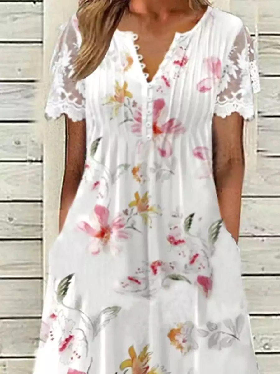 Floral Print White V Neck Lace Dress for Women