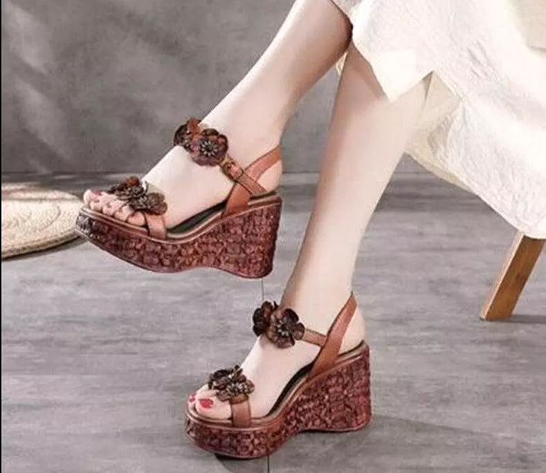 Floral PU Leather Wedge Sandals