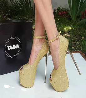 Gold Sparkle Ankle Strap High Heels