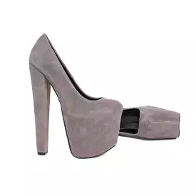 Grey Faux Suede Platform Chunky Heels