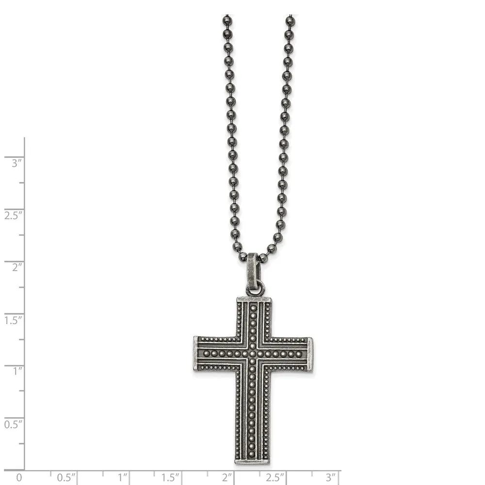 Gunmetal Plated Stainless Steel Antiqued Beaded Cross Necklace, 22 In