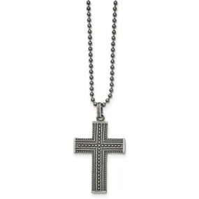 Gunmetal Plated Stainless Steel Antiqued Beaded Cross Necklace, 22 In