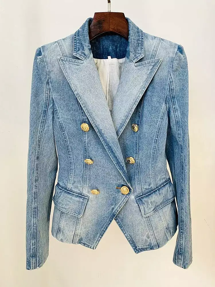 HIGH STREET Newest 2023 Designer Jacket Women's Slim Fitting Double Breasted Lion Buttons Denim Blazer