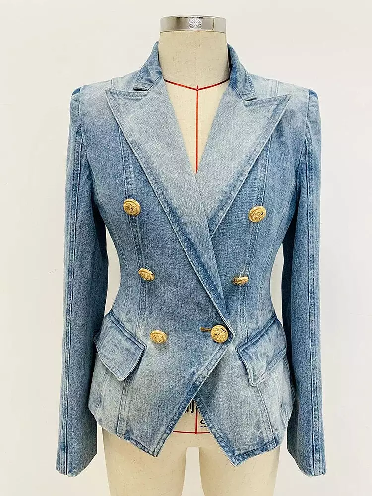 HIGH STREET Newest 2023 Designer Jacket Women's Slim Fitting Double Breasted Lion Buttons Denim Blazer