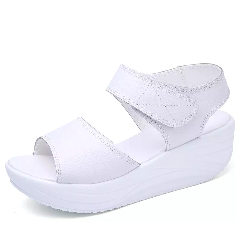 Hook Loop Leather Wedge Sandals