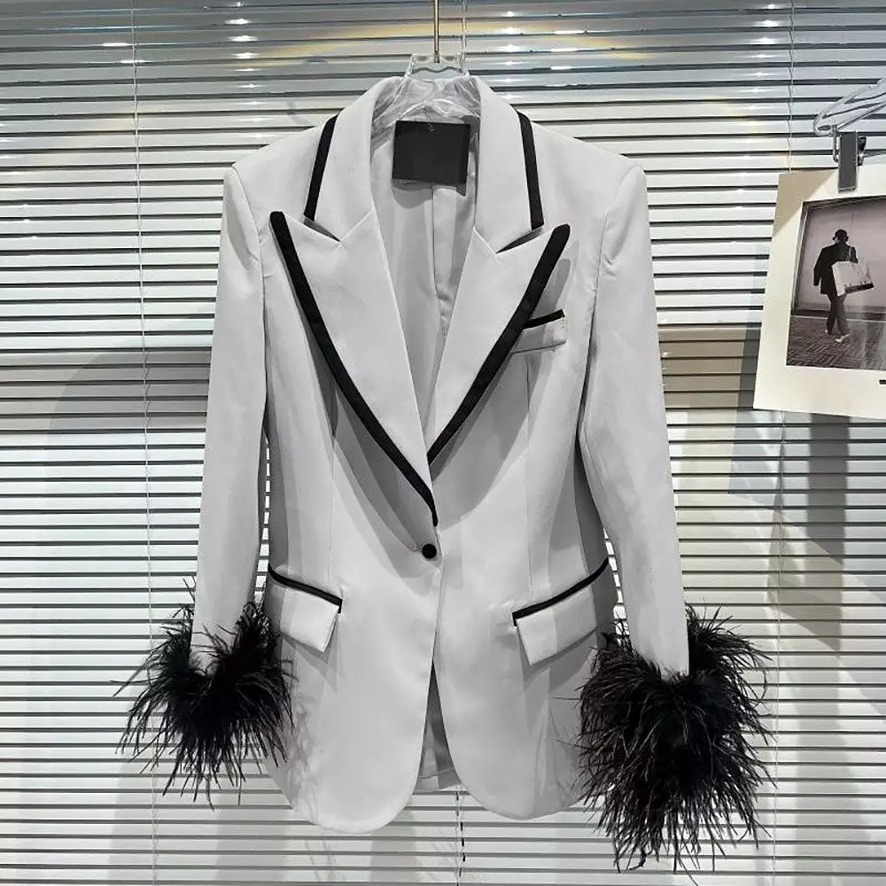 Jacket Women's Color Matching Fashion Feather Decoration Dress Luxury Custom 1 Button Blazer New in Outerwears Womens Clothing