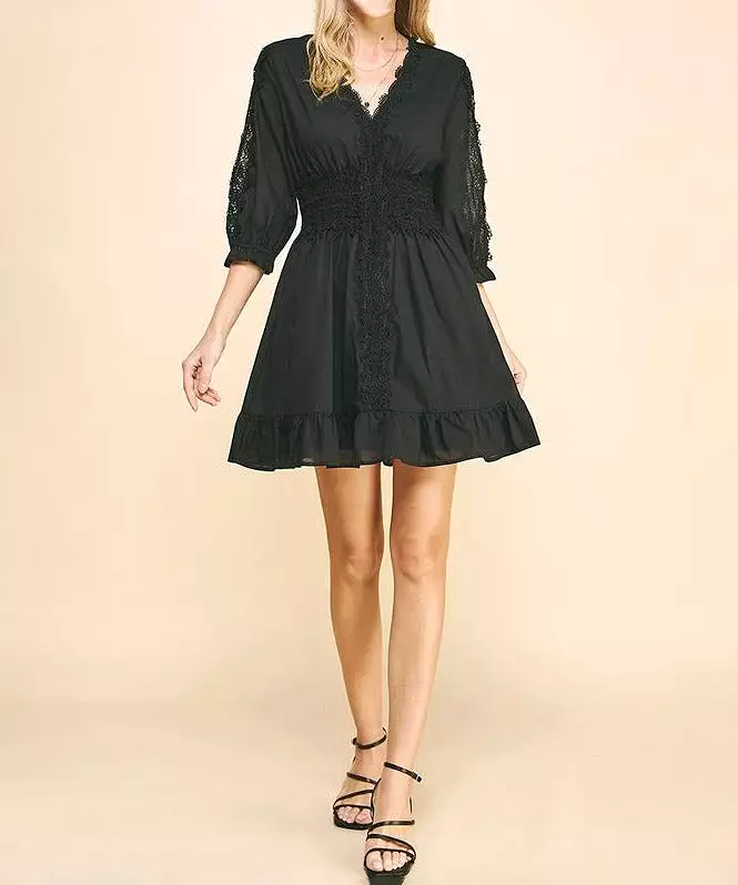 Lace Trim Detail Mini Dress - Black