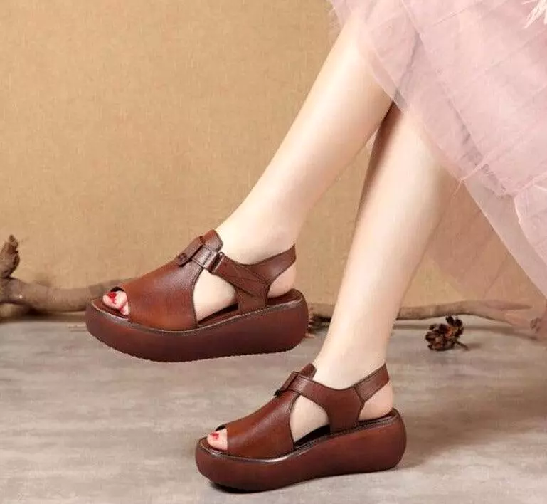 Leather Open-Toe Wedge Sandals