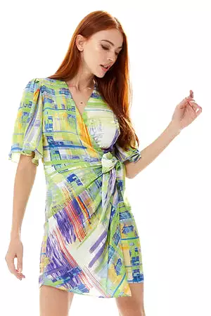 Liquorish Abstract Print Mini Dress Green With Short Sleeves