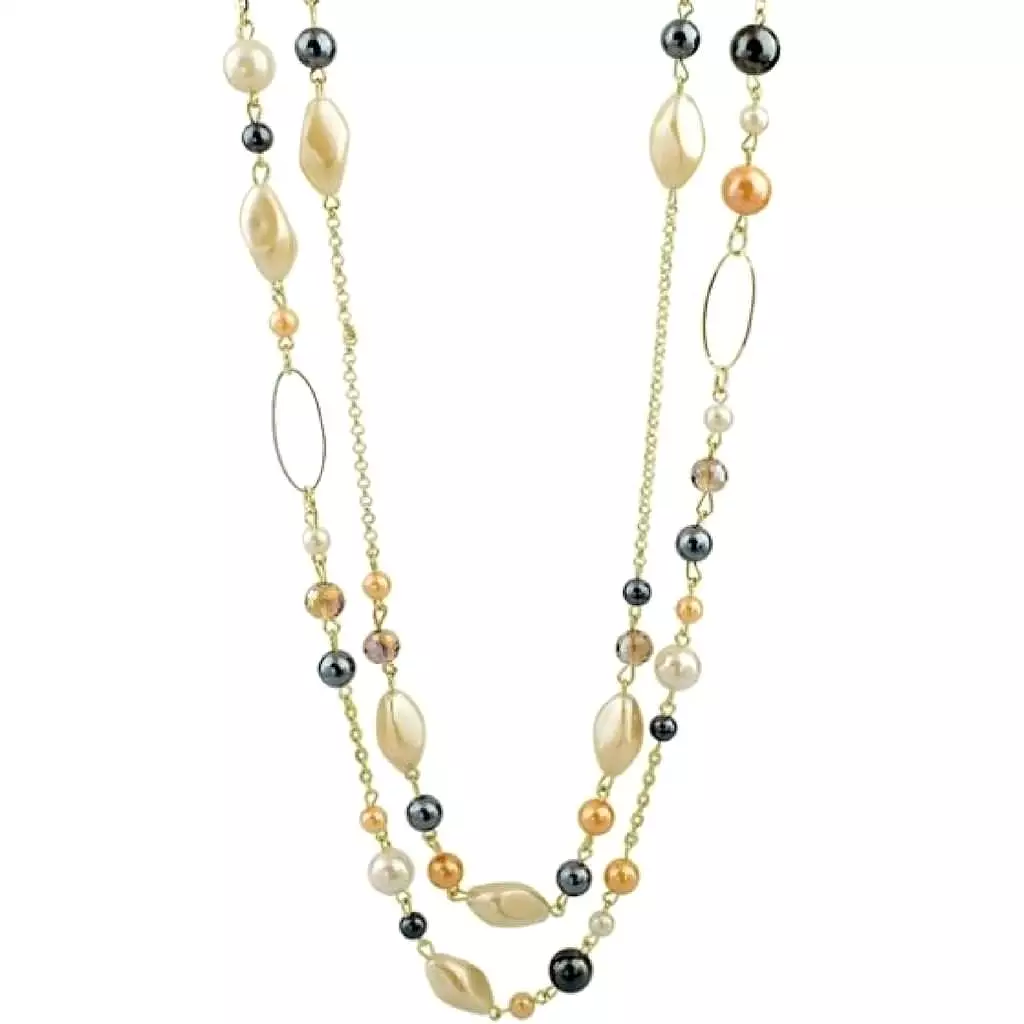 Long Layered Gold Chain and Bead Necklace