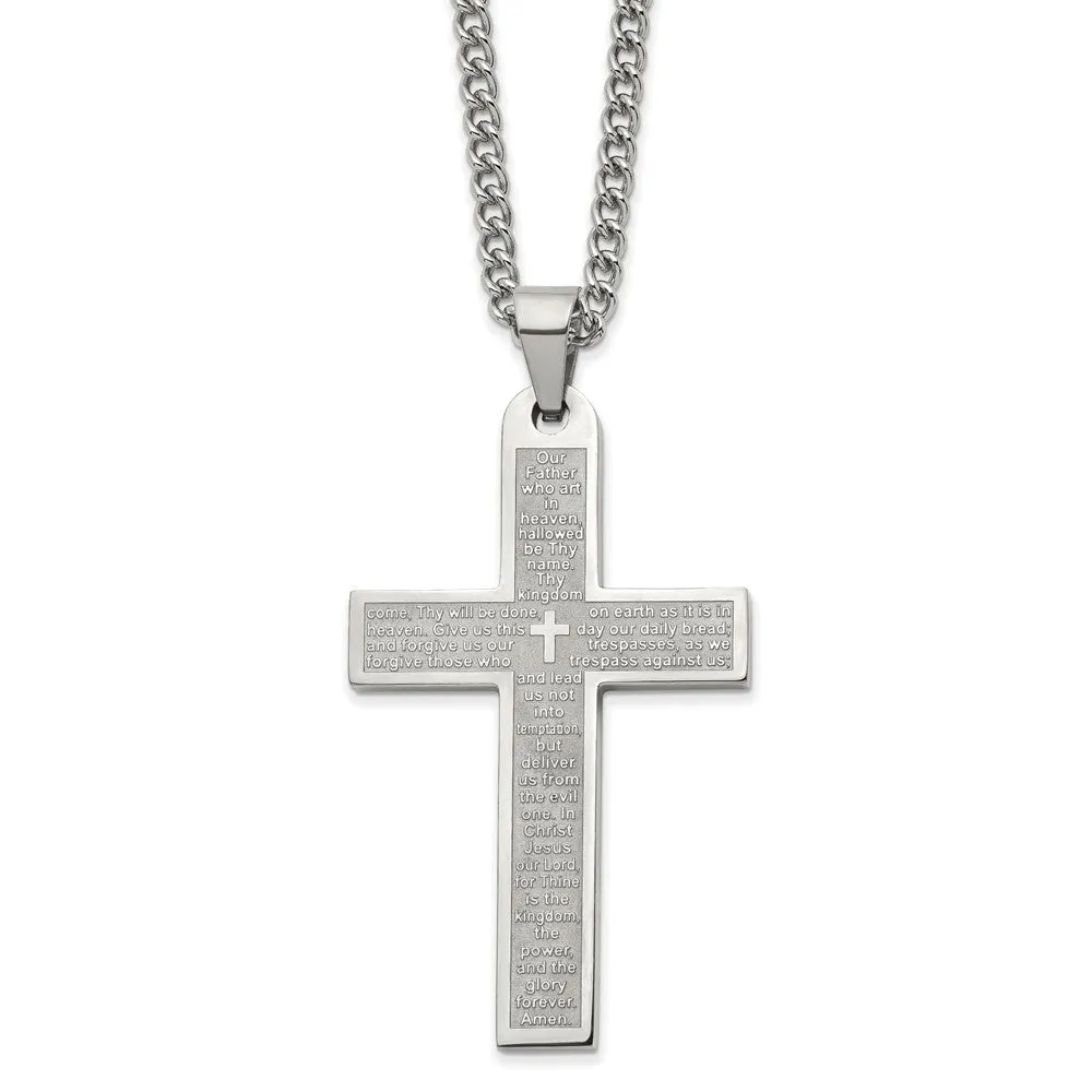 Men's Stainless Steel Large Lord's Prayer Cross Necklace, 24 Inch