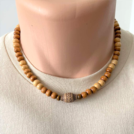 Mens Wooden Necklace with Center Wood Bead