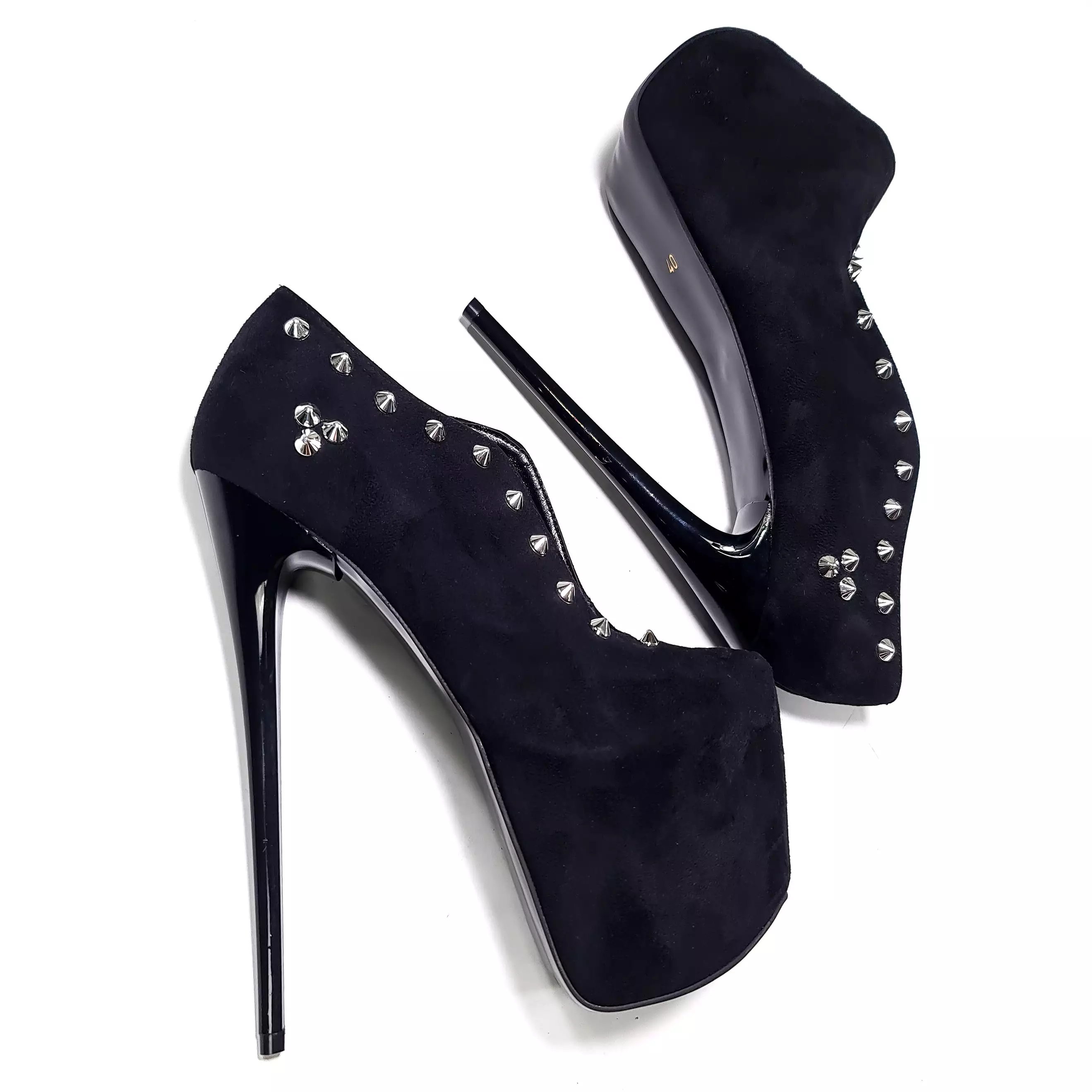 Mid Slit Black Suede Studded Ankle Cut Heels