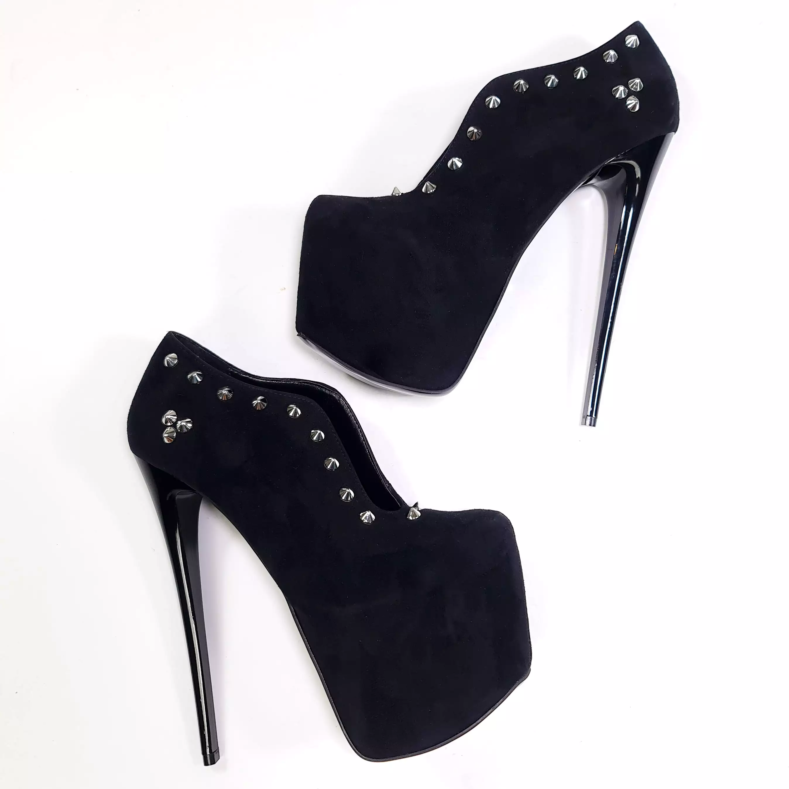 Mid Slit Black Suede Studded Ankle Cut Heels