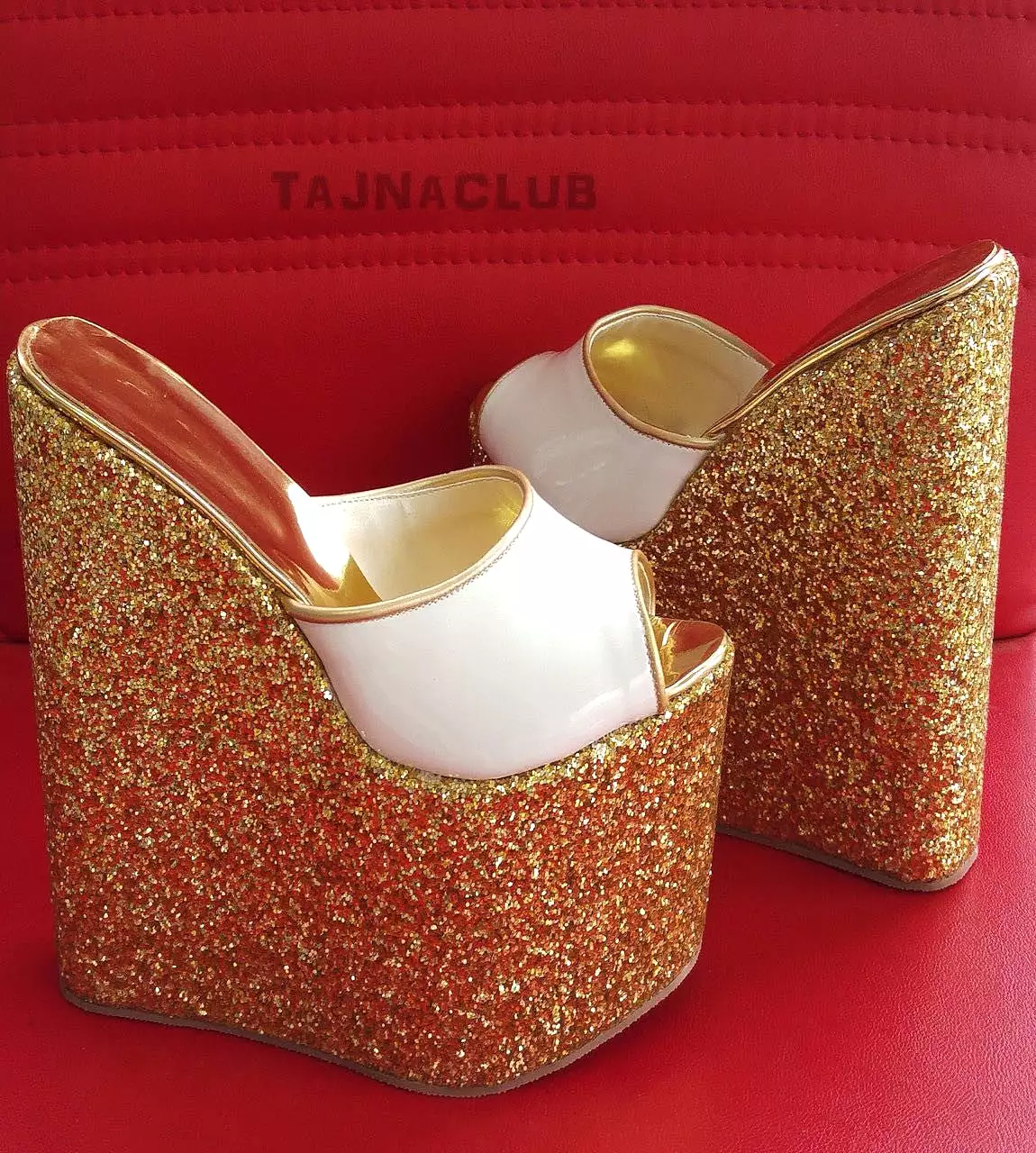 Mules Gold Glitter Wedge Heel Platform High Heels Shoes