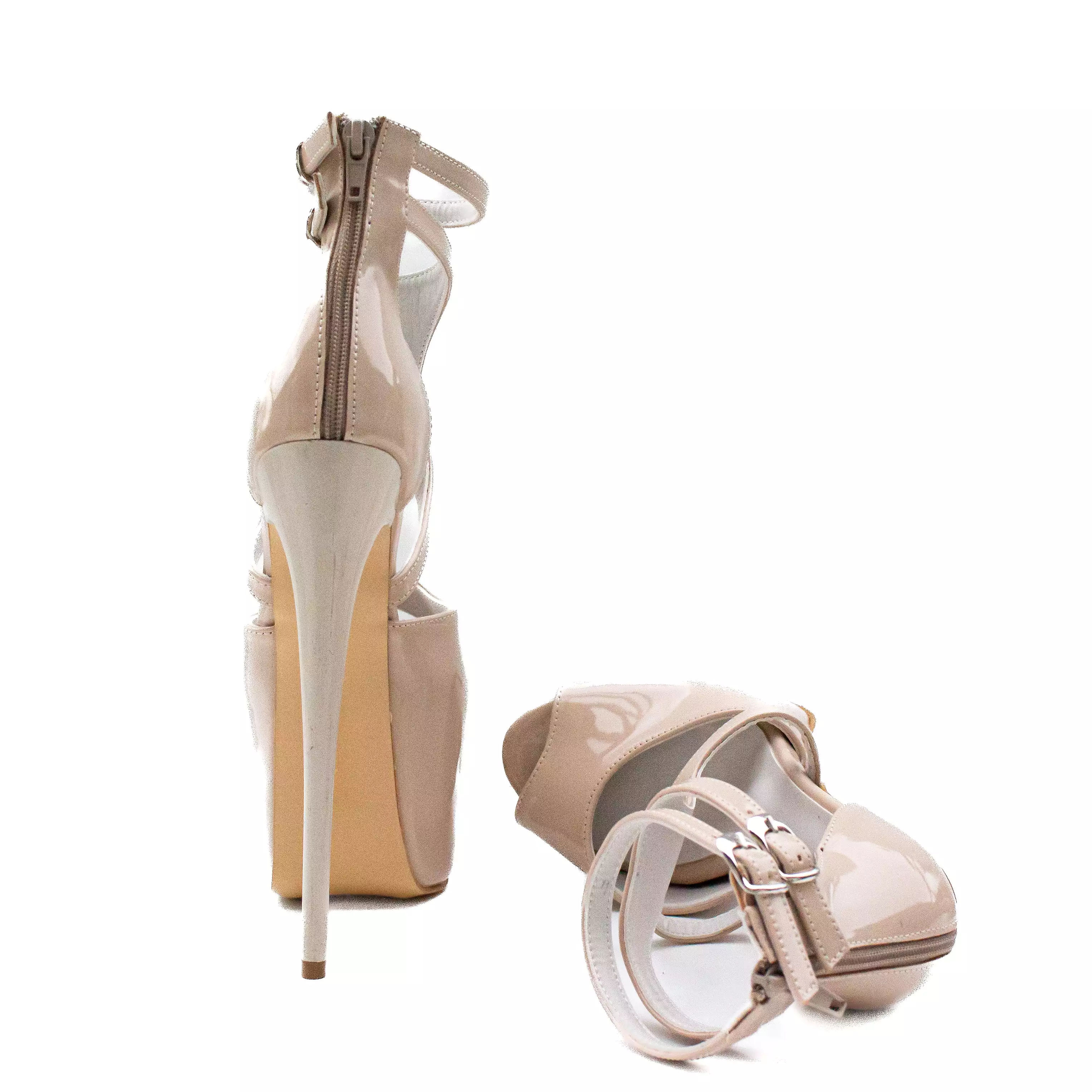 Nude Gloss Ankle Strap Peep Toe Platform Heels