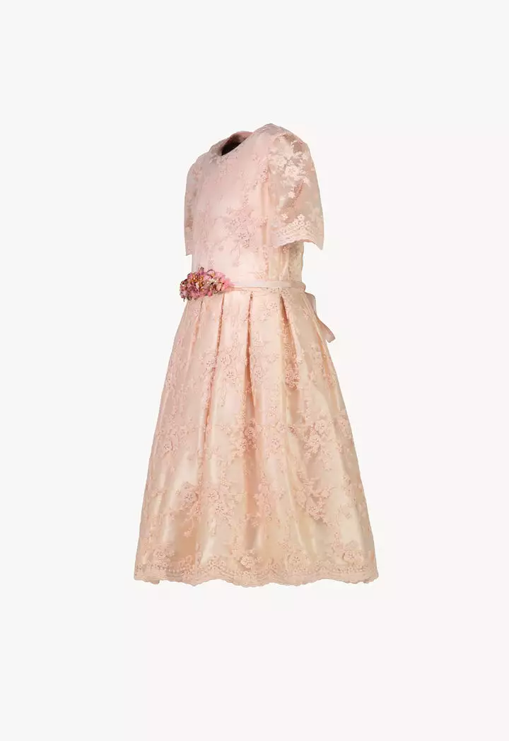 Powder Pink Lace Dress With Floral Waistband