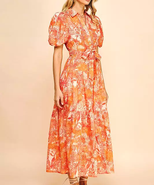 Printed Button Down Maxi Dress - Orange Multi